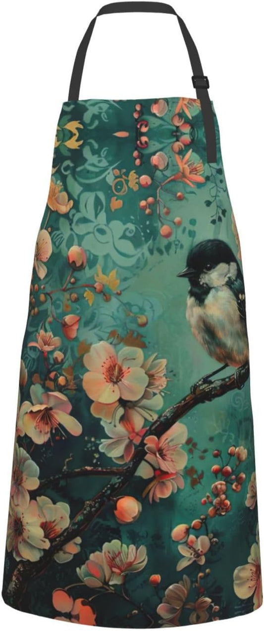 Flower and Bird Art print Waterproof apron with pocket adjustable cooking apron for adult kitchen bibs to bake