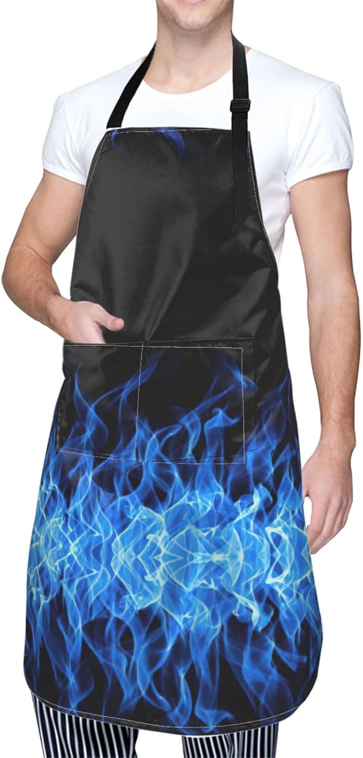 Blue Flame print Waterproof apron with pocket adjustable cooking apron