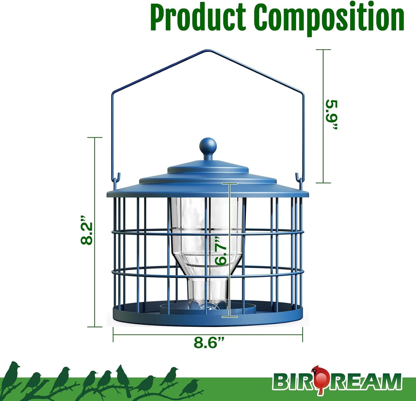 Squirrel Proof Bird Feeder, Metal Cage Bird Feeder for Outdoors Hanging, Starling Resistant Design for Small Birds, Weatherproof with Drain Holes, Easy to Refill, Blue