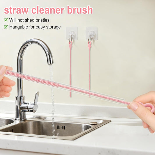 Silicone Straw Cleaner Brush, 4-Piece Reusable Straw Brush Set with Extra-Long Design for Cleaning Thin Metal Straws and Wider Milkshake Straws (6mm+9mm Pink)