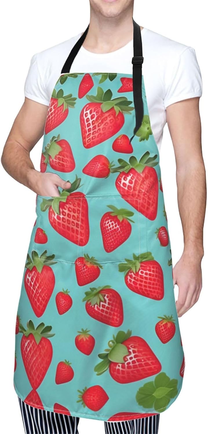 Cute strawberry print Waterproof chef's apron with pocket apron for kitchen cooking baking barbecue and gardening
