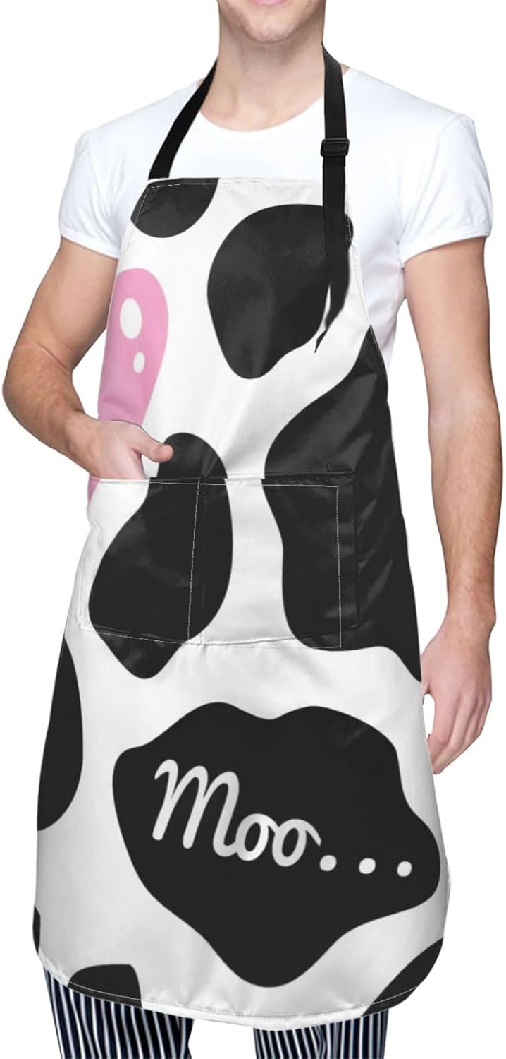 Black White Milk Cow Print 28 x 33in Waterproof Apron with Pockets Fashionable Versatile Smock for Baking