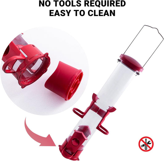 Tube Bird Feeder for Outdoors Hanging Finch Feeders for Outsides Metal 4 Ports & U Perches Squirrel Chew Proof, Removable Base, Easy to Fill & Clean, Red Attracts More Wild Birds