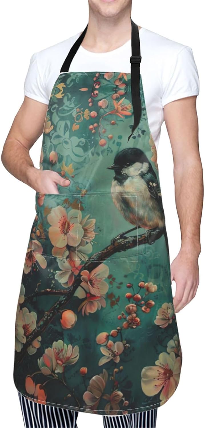 Flower and Bird Art print Waterproof apron with pocket adjustable cooking apron for adult kitchen bibs to bake