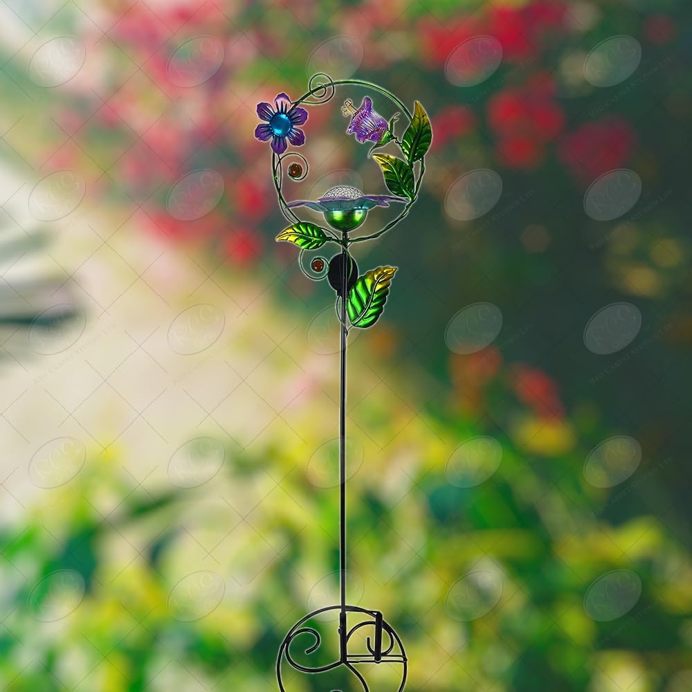 Red Carpet Studios Solar Metal and Glass Garden Art with Bird Feeder Decorative Yard Stake, Purple