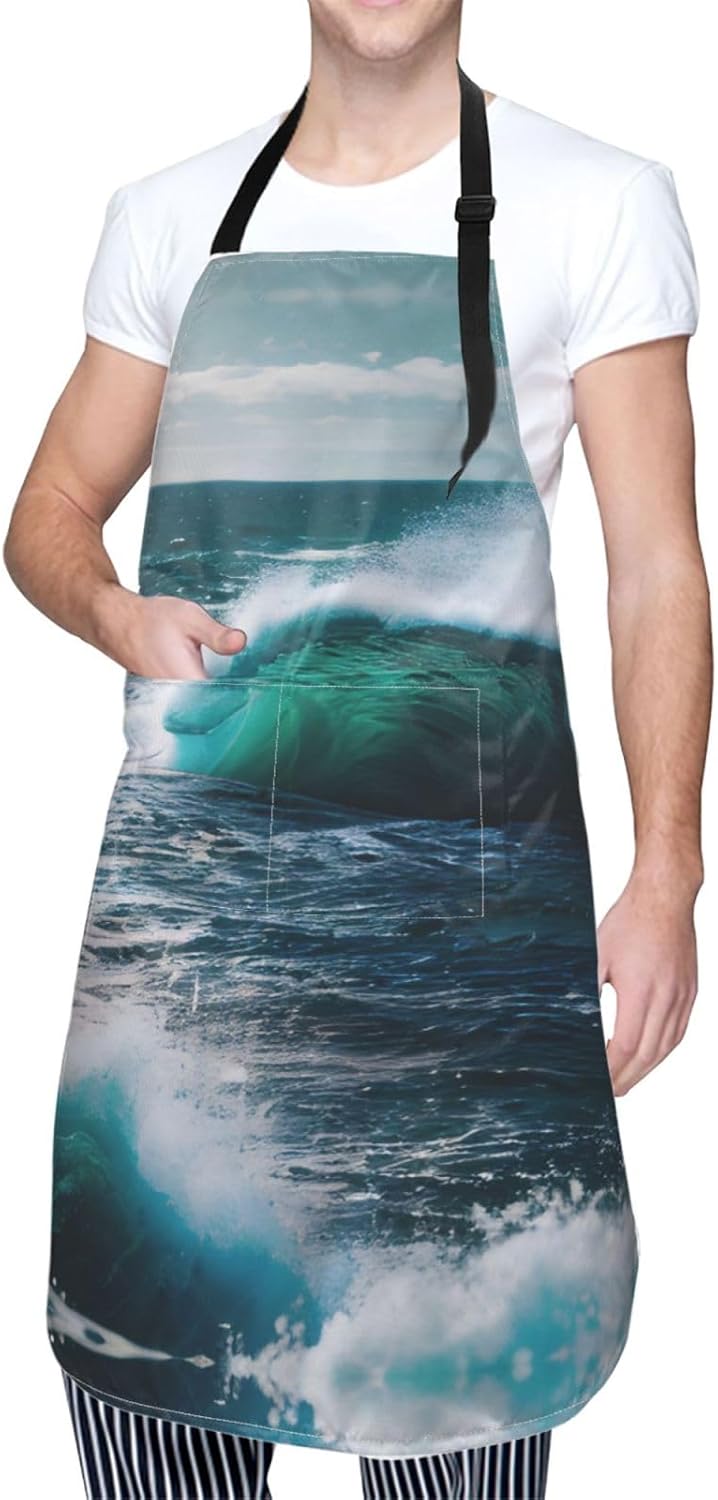 Scenic sea water print Waterproof chef's apron with pocket apron for kitchen cooking baking barbecue and gardening