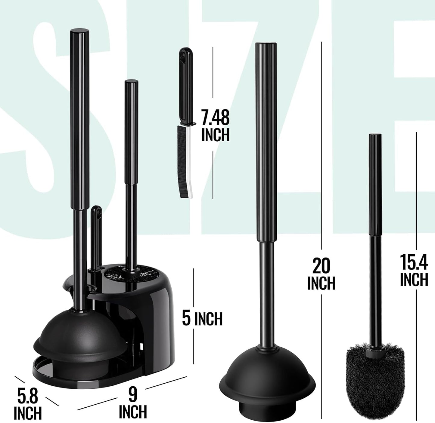 3 in 1 Toilet Brush and Plunger Set with Crevice Cleaning Brush, Toilet Plunger and Brush Set with Extra Long Handle, Plungers for Bathroom Accessories, Toilet Plunger with Holder, Black