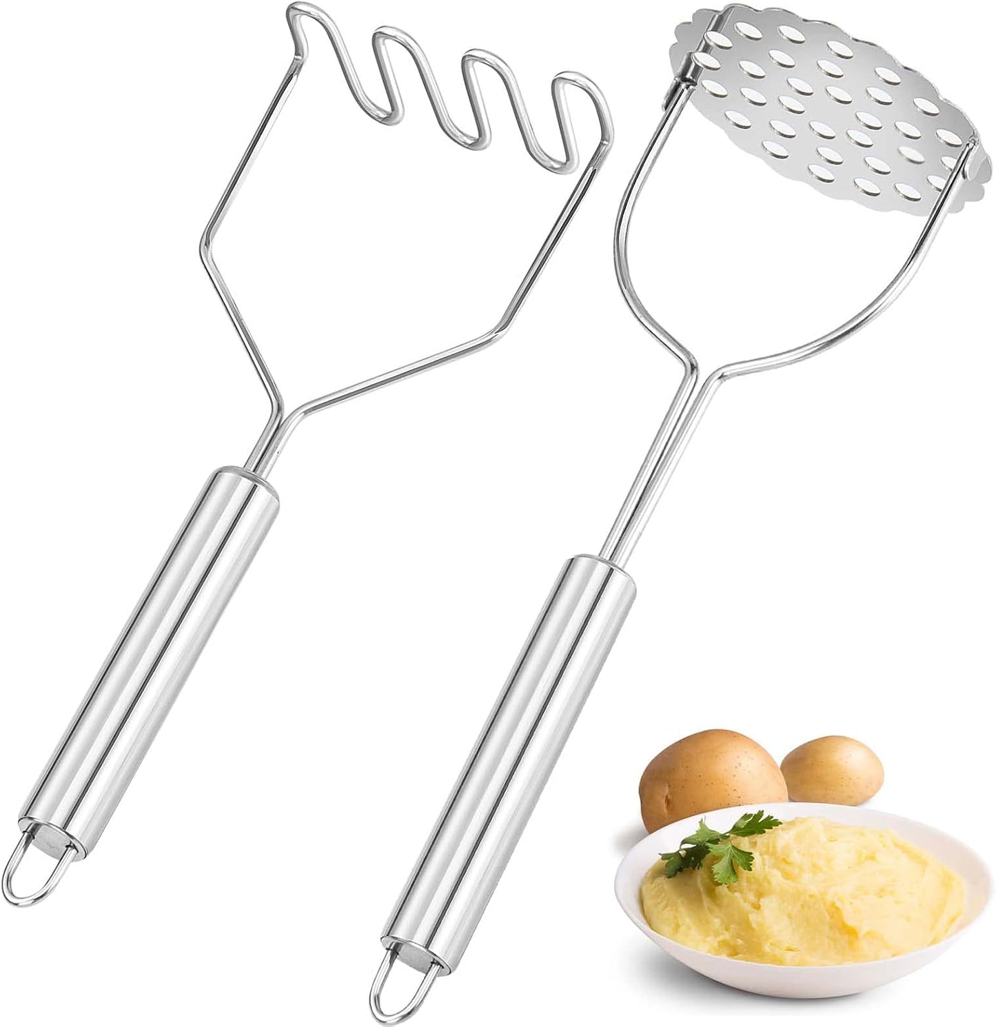 2 Pcs Potato Smasher, Mashed Potato Masher, Stainless Steel Masher Kitchen Tool for Avocado, Bean, Fruit, Vegetables, Food