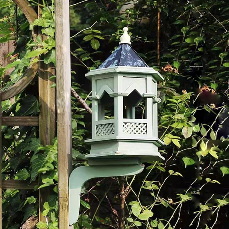Premium Wood Gazebo Bird Feeder for Outside, Gothic Style Rustic Copper Roof Birdfeeder, Longtime Outdoor Weatherability, with Wall Mount Bracket.