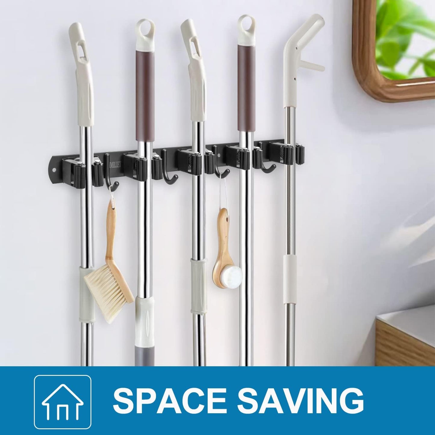 IMILLET 2 Pack Broom and Mop Holder Wall Mounted, Broom Holder Stainless Steel Broom Organizer Heavy Duty Tools Organizer Self Adhesive for Laundry Room Garage Garden(5 Racks and 4 Hooks)
