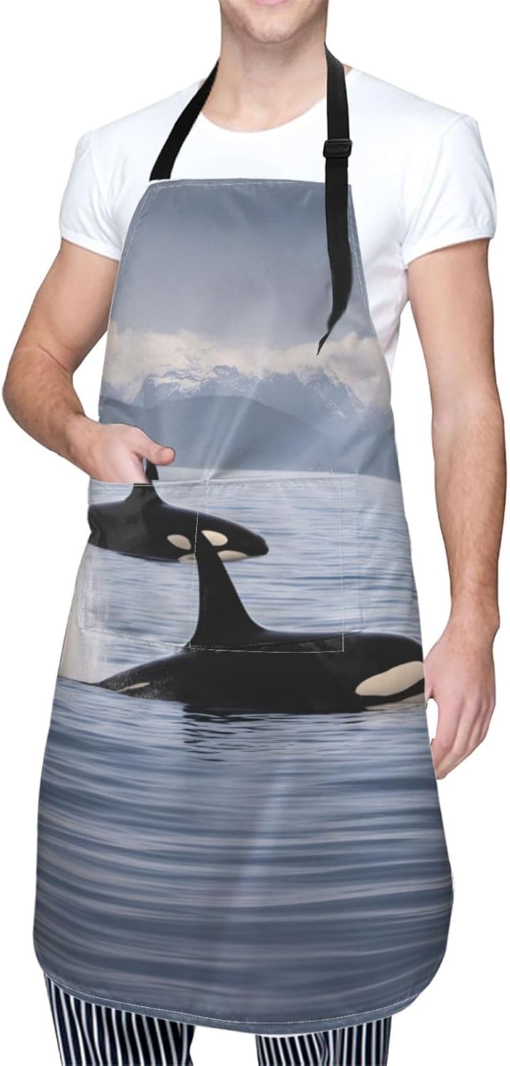 Killer Whales Swim Along print Waterproof chef's apron with pocket apron for kitchen cooking baking barbecue and gardening