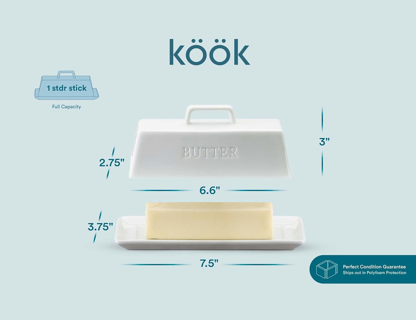 Butter Dish with Lid for Countertop, by Kook, Ceramic Dish Tray with Cover, Kitchen Keeper, Container, Holder (White)