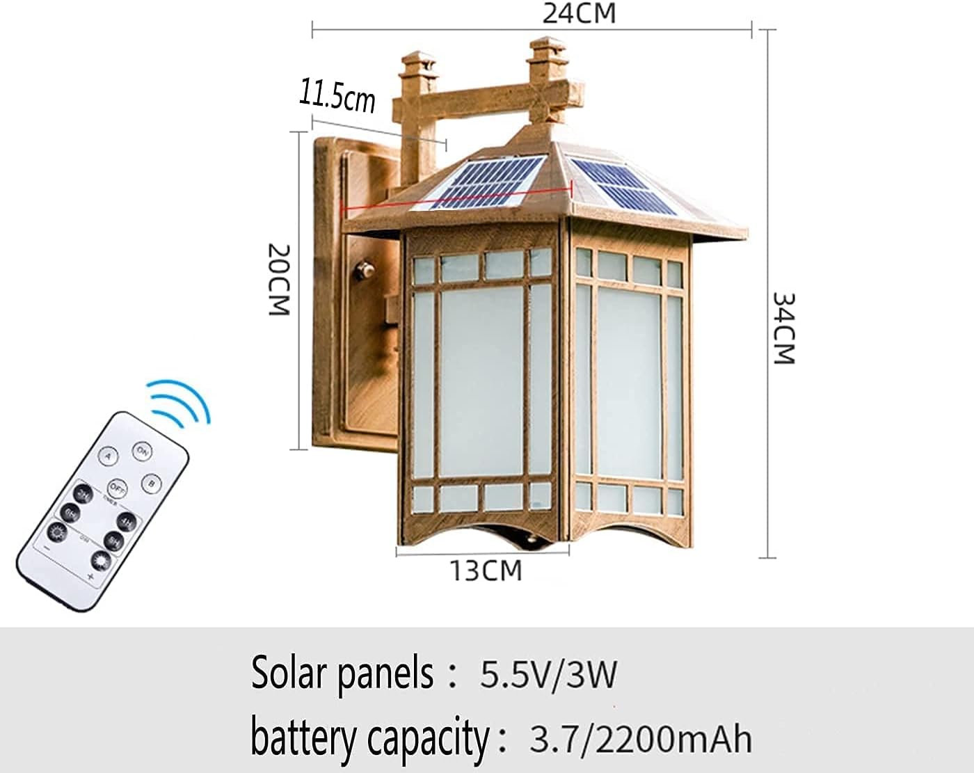 Outdoor Solar Wall Lantern Dimmable Lamp Vintage with Remote Control Lighting Waterproof Aluminum for Garden Sconce(Black)