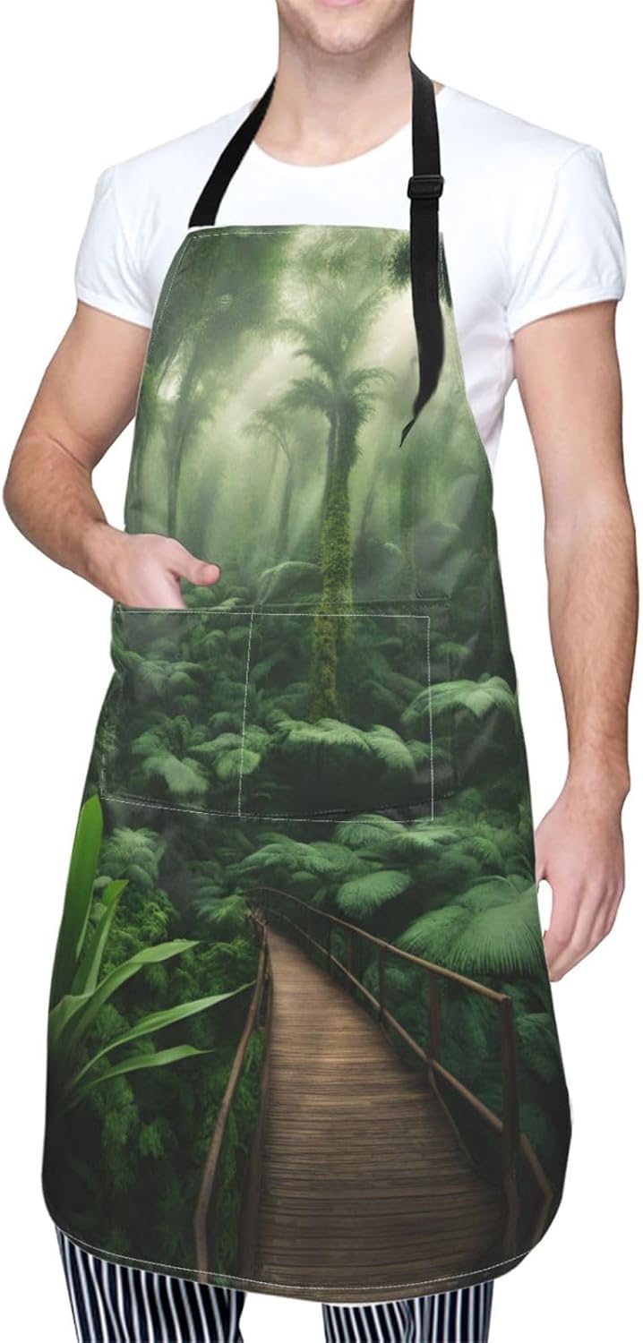 Tropical Rainforest print Waterproof chef's apron with pocket apron for kitchen cooking baking barbecue and gardening