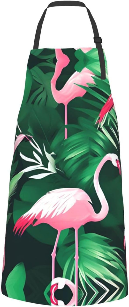 Flamingo bird green leaf print Waterproof chef's apron with pocket apron for kitchen cooking baking barbecue and gardening