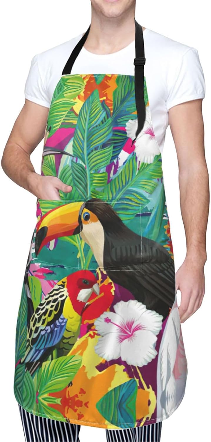 Tropical Birds and Plant Leaf Print Laundry apron 28x33 In Waterproof Kitchen Apron with Pockets for Cooking Baking