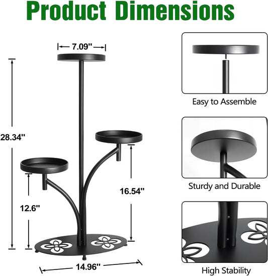 Indoor 3 Tier Black Plant Stand, Tall Metal Plant Stand, Heavy-duty Ba