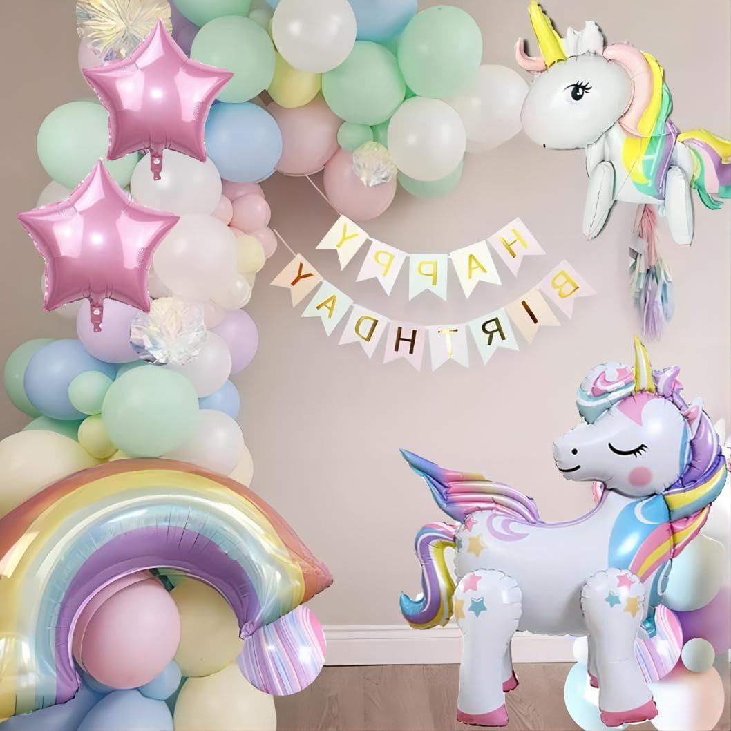 5 Pcs Self Standing Unicorn Balloons - 3D Rainbow and Star Foil Balloons for Birthday Party Decorations and Supplies