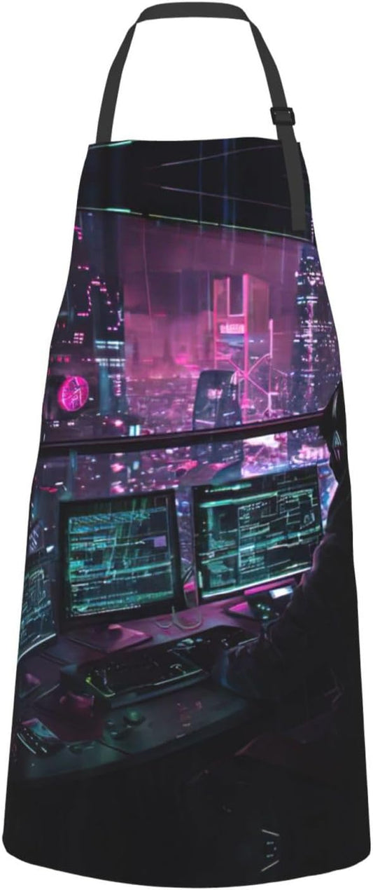 hacker era print Waterproof chef's apron with pocket apron for kitchen cooking baking barbecue and gardening