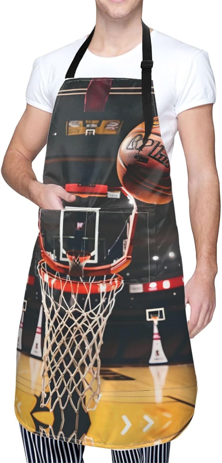 Basketball Print 28x33 In Adult Kitchen Apron with Pockets Versatile Chef Smock for Cooking Baking