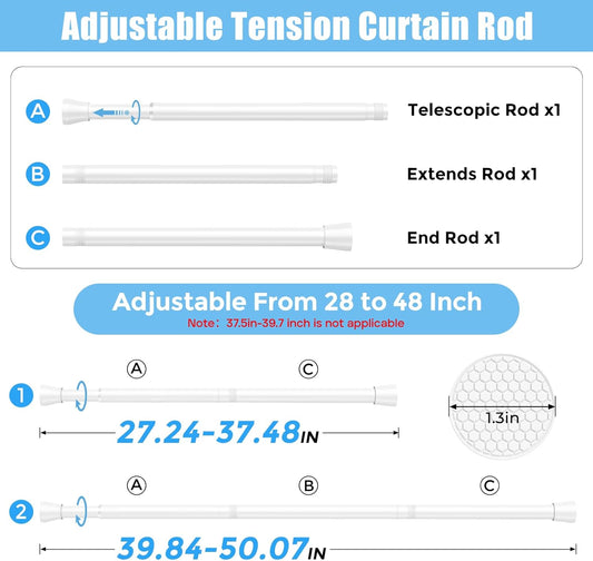 AIZESI Tension Curtain Rod Adjustable Spring Tension Rods for Windows 28 to 48 Inch, No Drilling, 7/8" Diameter, White Curtain Rod, Small Shower Curtain Rod for Bathroom, Doorway, Closet, Kitchen