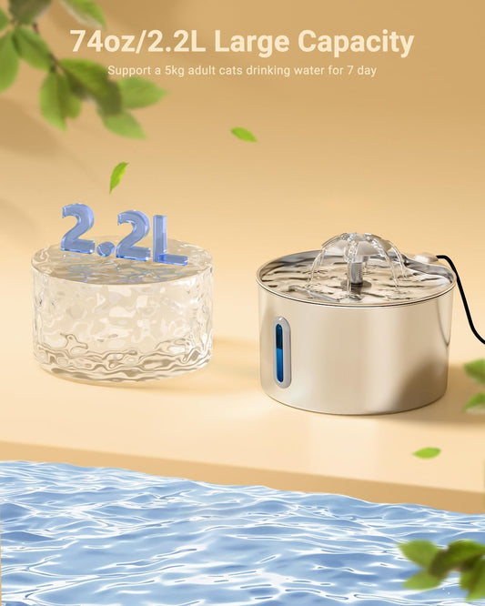 Cat Water Fountain Stainless Steel - 74oz/2.2L Pet Gift Dog Water Disp