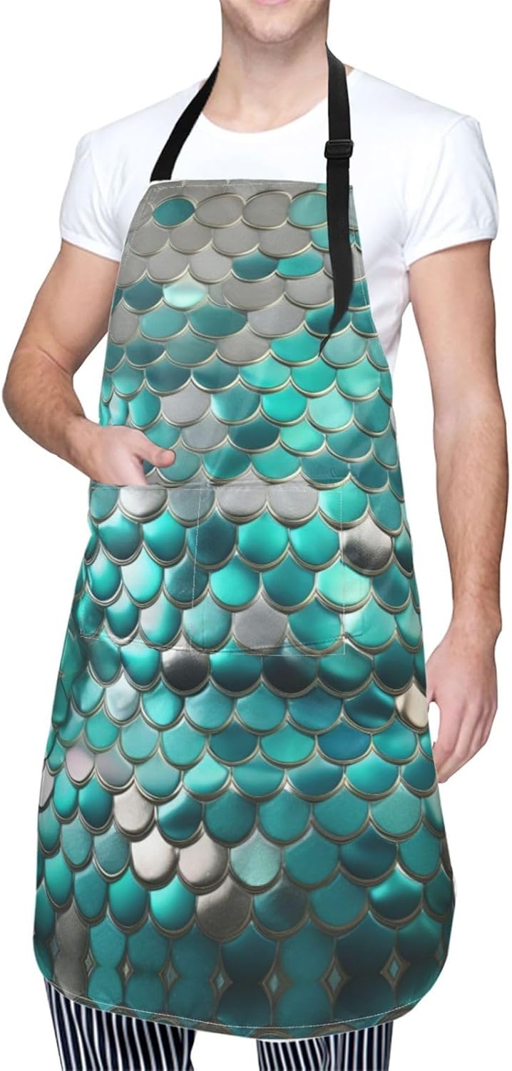 Mermaid Scale Print 28x33 In Adult Kitchen Apron with Pockets Versatile Chef Smock for Cooking Baking