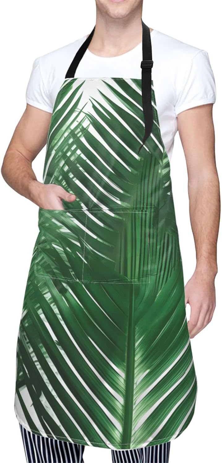 YANYU Green Palm Leaf Print 28x33 In Kitchen Apron Stylish Chef Apron with Pockets for Cooking Baking Painting