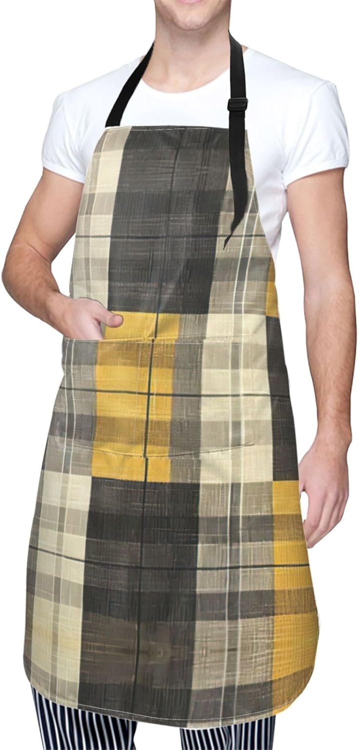 Yellow Gray Black Plaid print Waterproof chef's apron with pocket apron for kitchen cooking baking barbecue and gardening