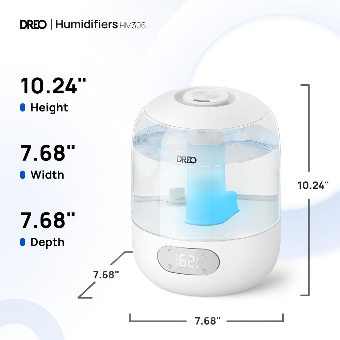 DREO Humidifiers for Bedroom, 3L Top Fill 30H & 26dB Quiet Runtime for