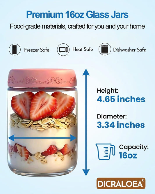 16oz 4Pack Glass Overnight Oats Jars Containers with Airtight Leakproof Lids, Reusable Mason Jars for Meal Prep, Yogurt Parfaits, Smoothies, Salads & Healthy Breakfasts (16 OZ-4-2)
