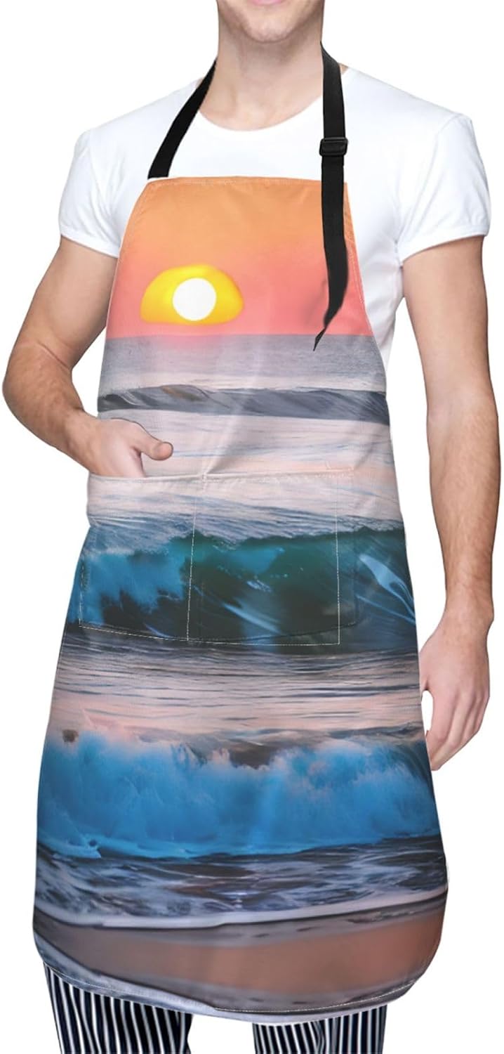 Sunset and Sunrise with Ocean Sea Waves Print Laundry apron 28x33 In Waterproof Kitchen Apron with Pockets for Cooking Baking