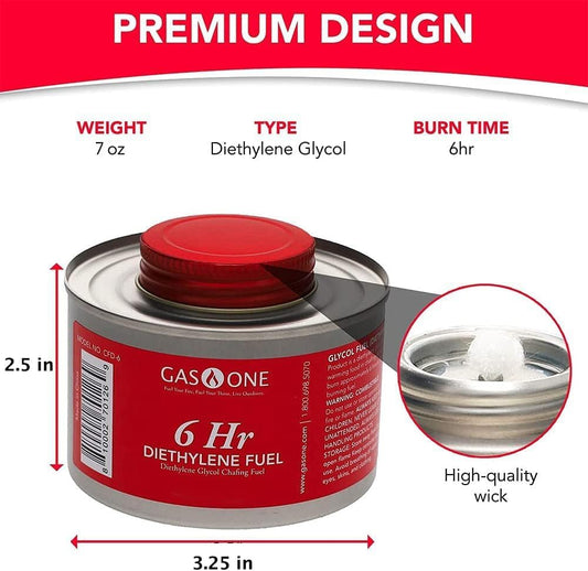 Gas One 6 pack 6 Hour Chafing Fuel - Food Warmer for Chafing Dish Buffet Set - Liquid Safe Fuel With Wick & Lid Opener for Chafing Dish