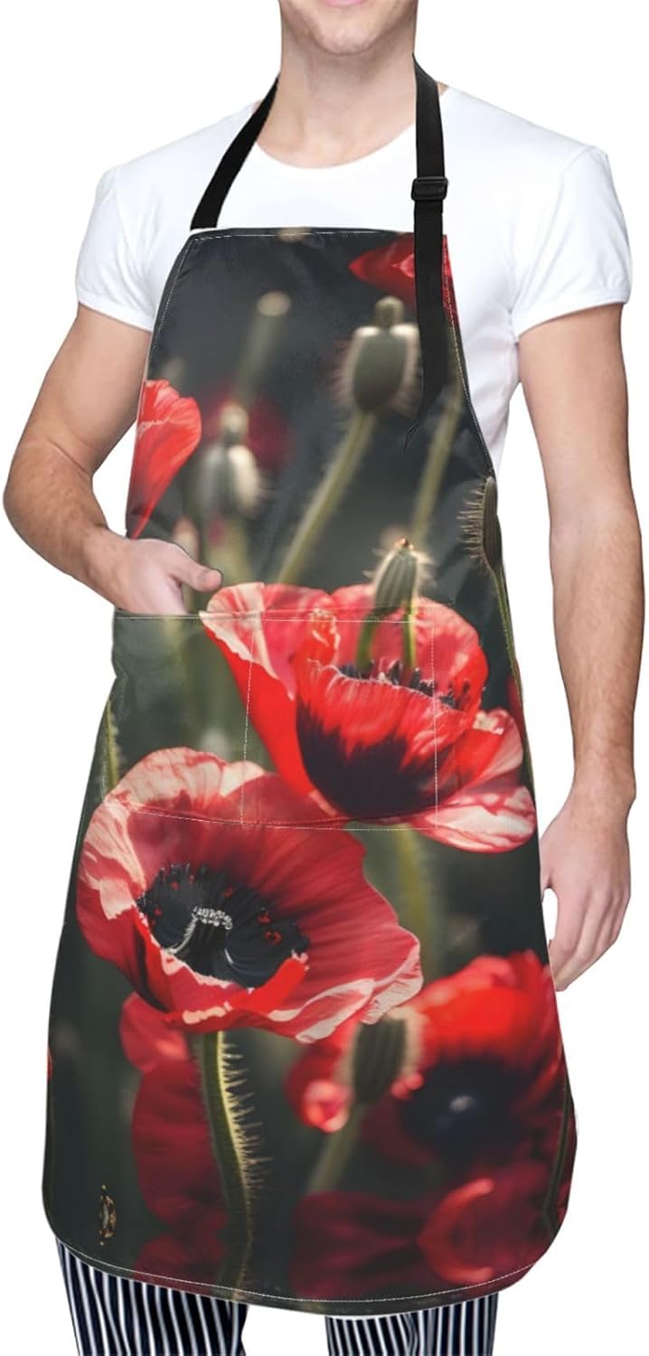 Beautiful Red Poppy Flower Print Laundry apron 28x33 In Waterproof Kitchen Apron with Pockets for Cooking Baking