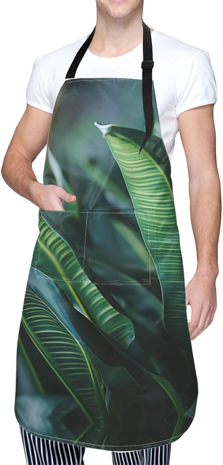 Tropical Palm Leaf print Waterproof apron with pocket adjustable cooking apron for adult kitchen bibs to bake