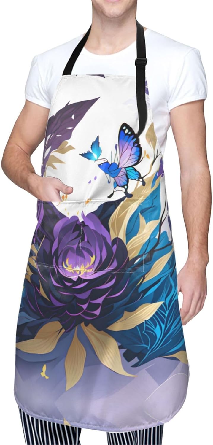 Purple Butterfly print Waterproof chef's apron with pocket apron for kitchen cooking baking barbecue and gardening