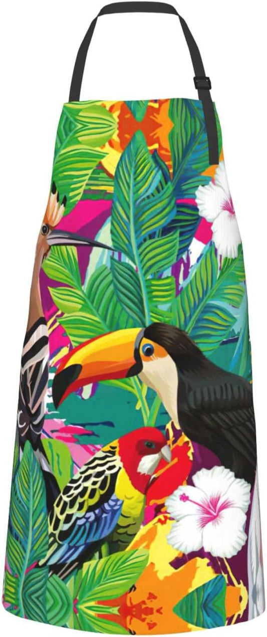 Tropical Birds and Plant Leaf Print Laundry apron 28x33 In Waterproof Kitchen Apron with Pockets for Cooking Baking