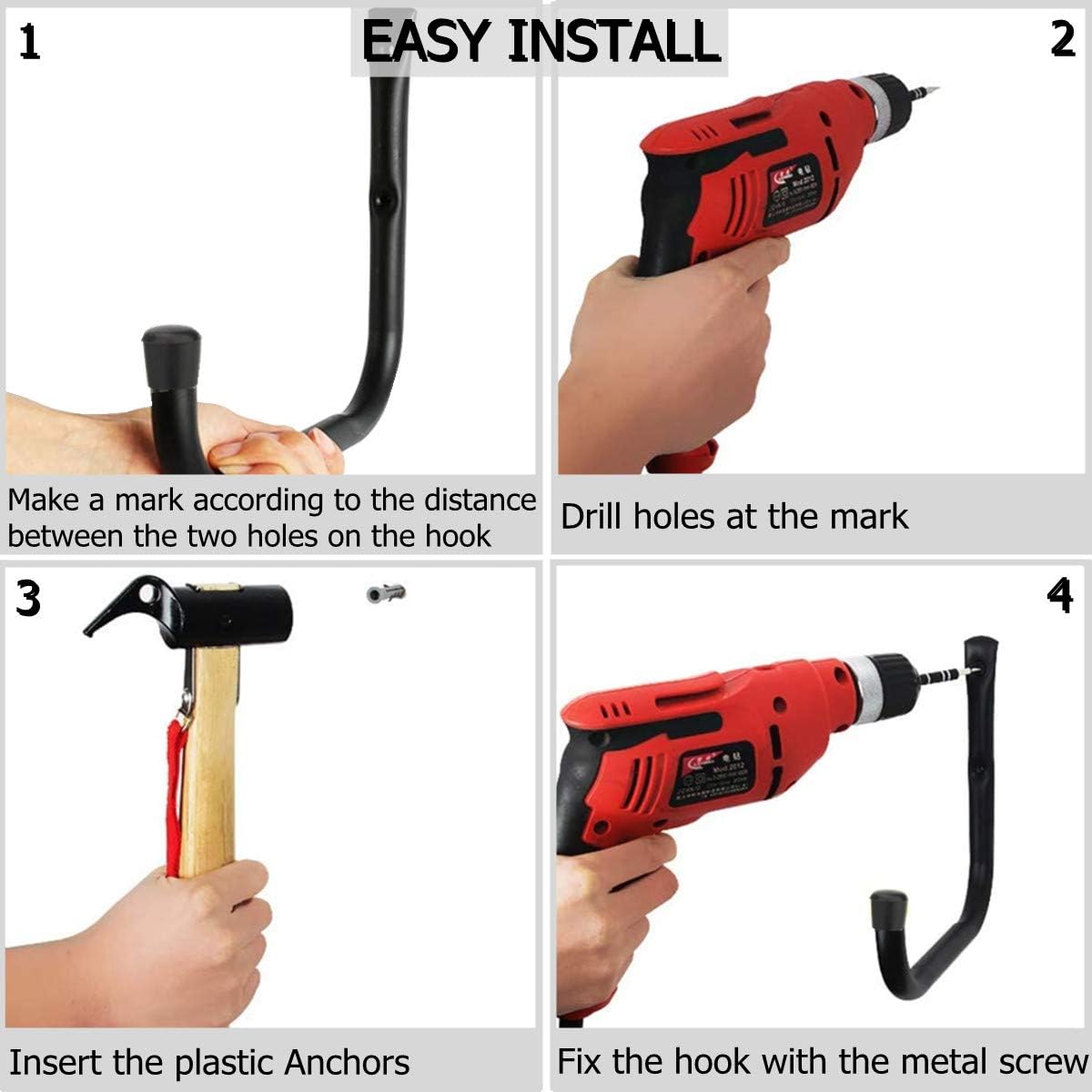 Garage Storage J Utility Hook, 8 Pack Heavy Duty Wall Mounted Hanging Hooks Organize Garden Tools, Gym Bags, Stroller, Toy,Power Tool, Black and Red