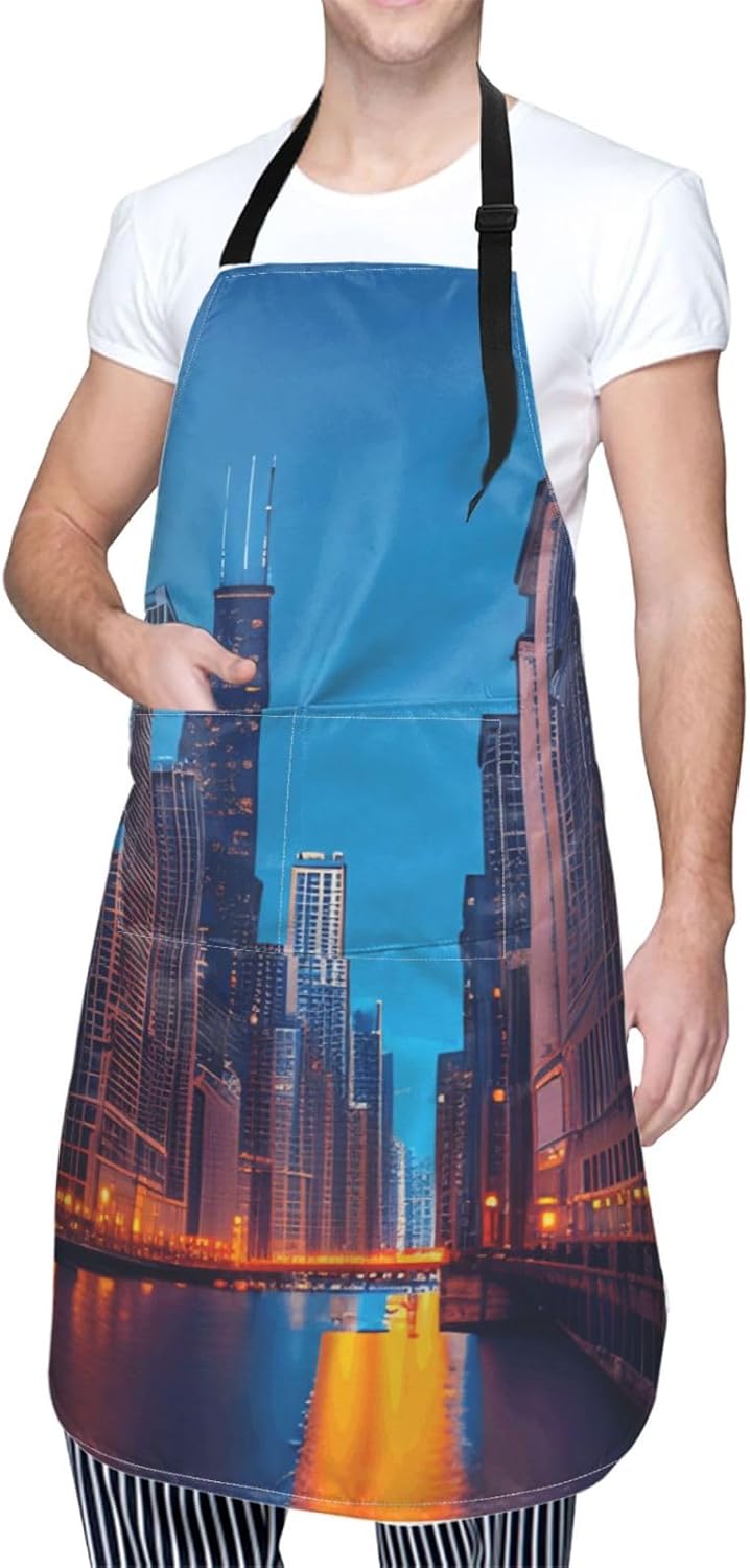 YANYU Chicago Night Print 28x33 In Kitchen Apron Stylish Chef Apron with Pockets for Cooking Baking Painting