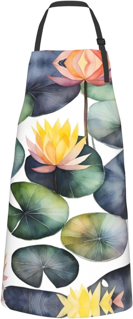 Black Lily Pads 1 print Waterproof chef's apron with pocket apron for kitchen cooking baking barbecue and gardening
