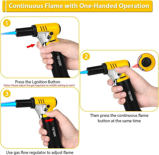 TBTeek Butane Torch with Fuel Gauge T907, One-hand Operation Kitchen Torch Lighter with Adjustable Flame for BBQ, Baking, Brulee Creme, Crafts and Soldering(Butane Gas Not Included)