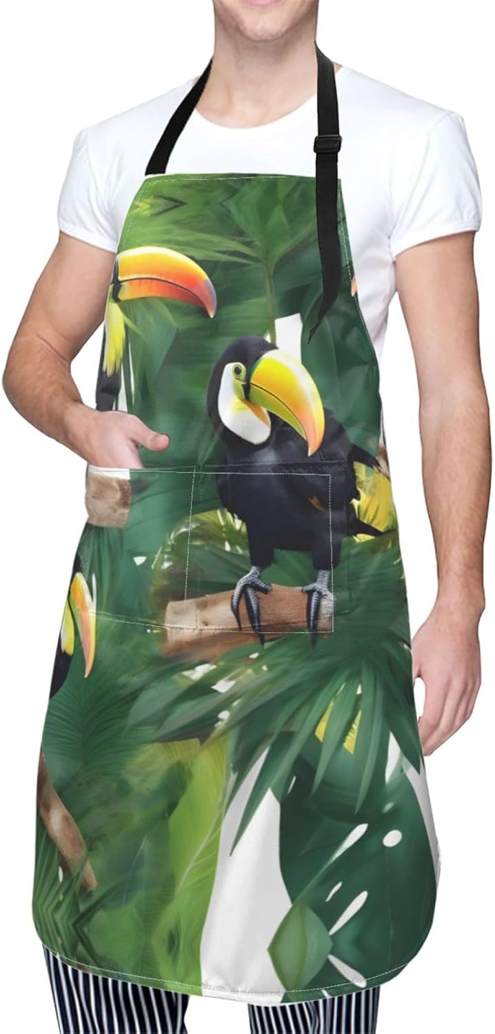 Toucans Parrot palm tree leaves Print Laundry apron 28x33 In Waterproof Kitchen Apron with Pockets for Cooking Baking