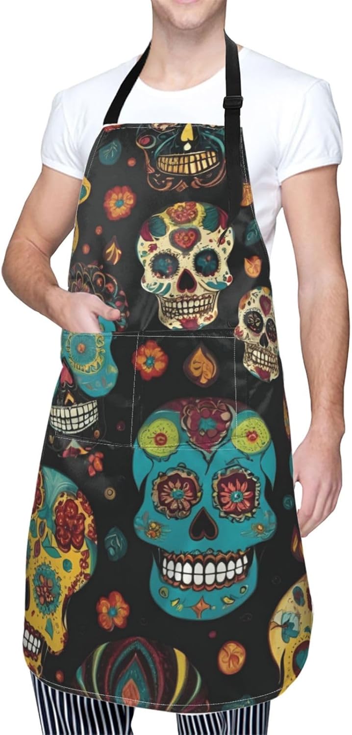 YANYU Sugar and Skulls Print 28x33 In Kitchen Apron Stylish Chef Apron with Pockets for Cooking Baking Painting
