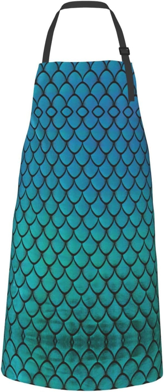 blue fish scale print Waterproof apron with pocket adjustable cooking
