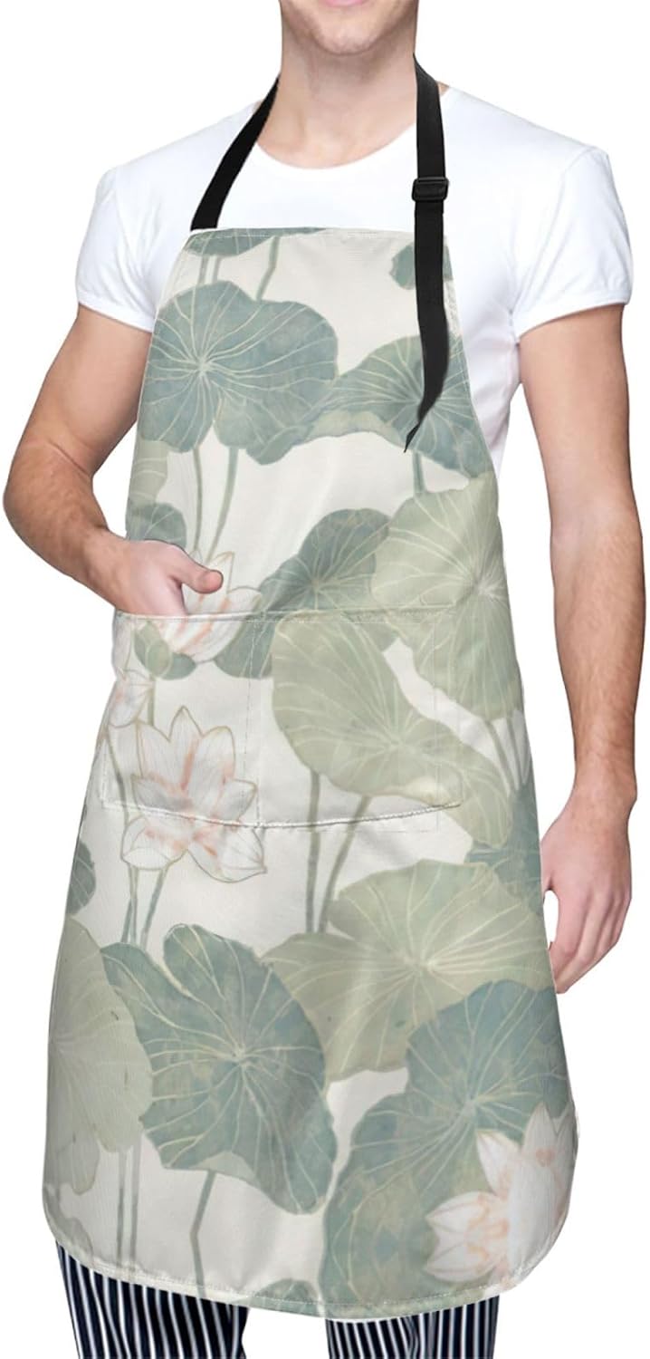 Black Lily Pads print Waterproof apron with pocket adjustable cooking apron for adult kitchen bibs to bake