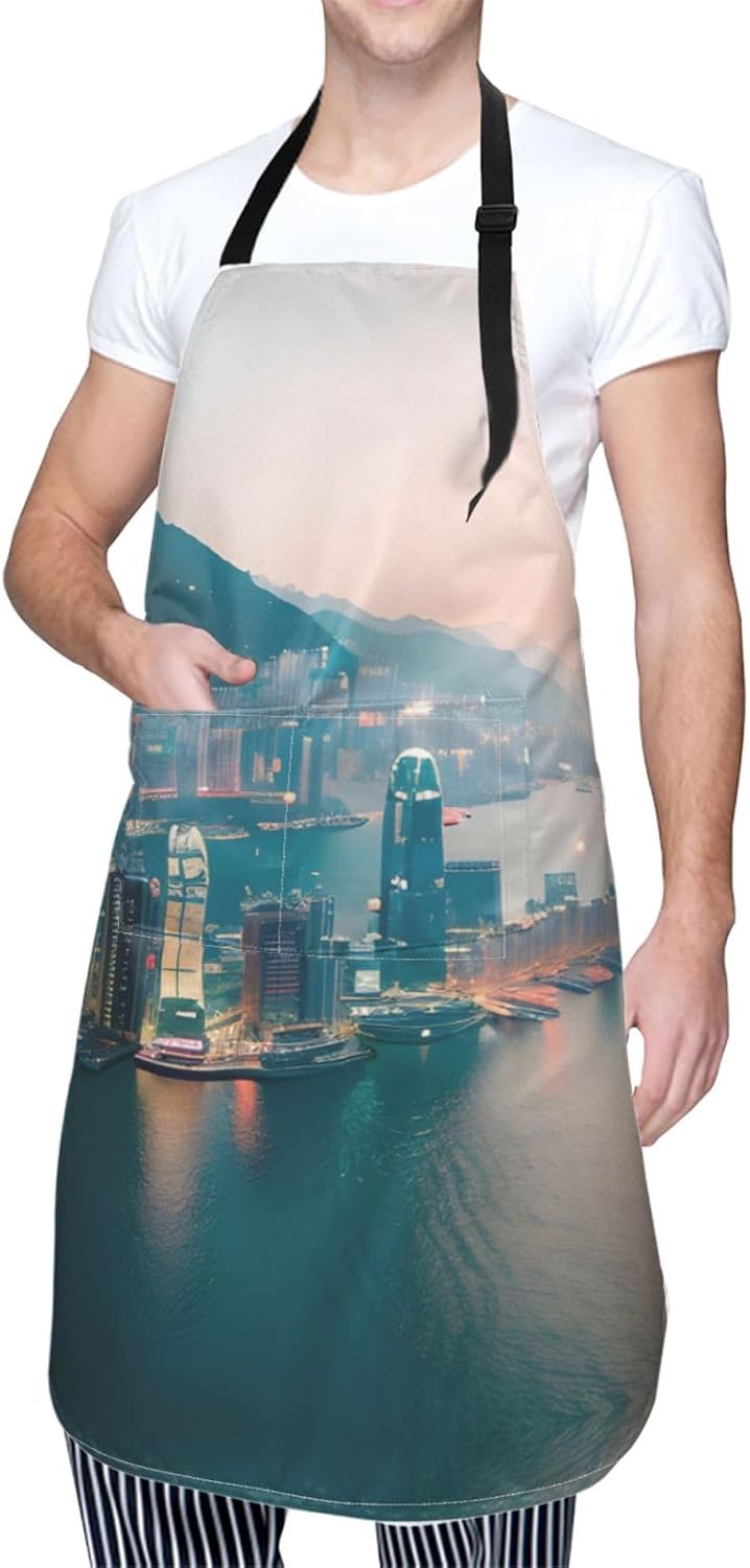 Hong Kong Print Laundry apron 28x33 In Waterproof Kitchen Apron with Pockets for Cooking Baking