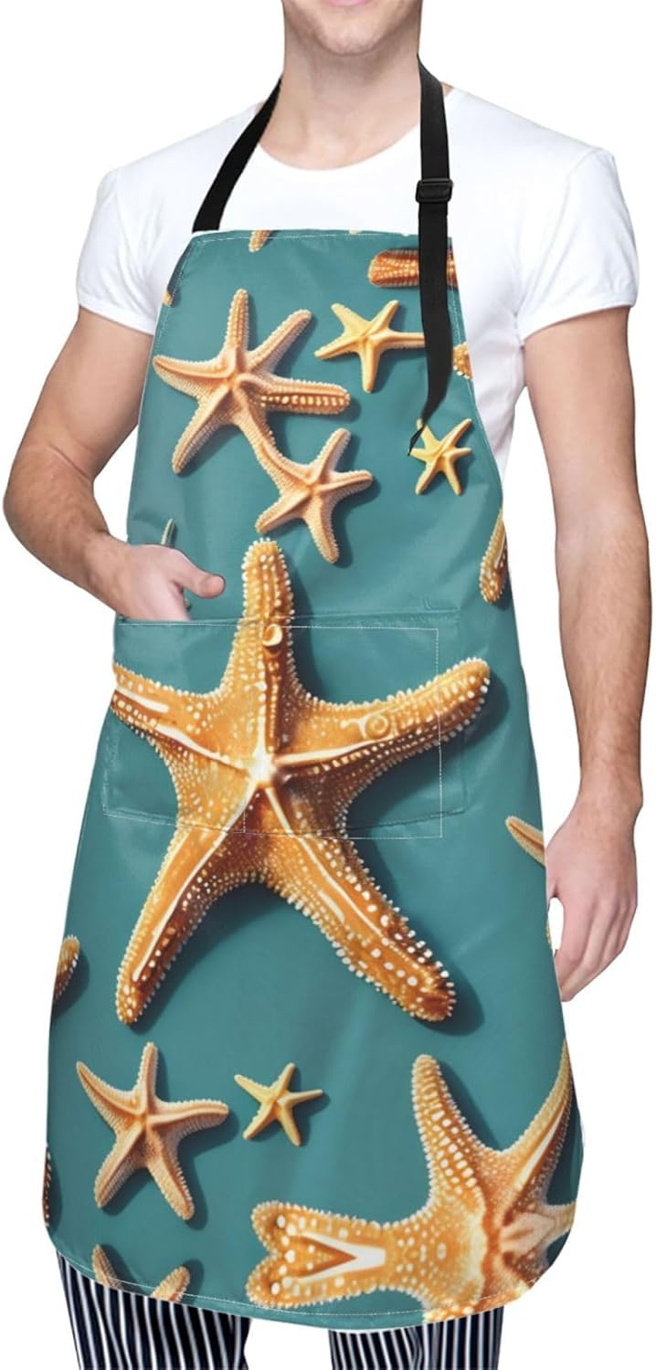 Beach Starfish Print 28x33 In Adult Kitchen Apron with Pockets Versatile Chef Smock for Cooking Baking