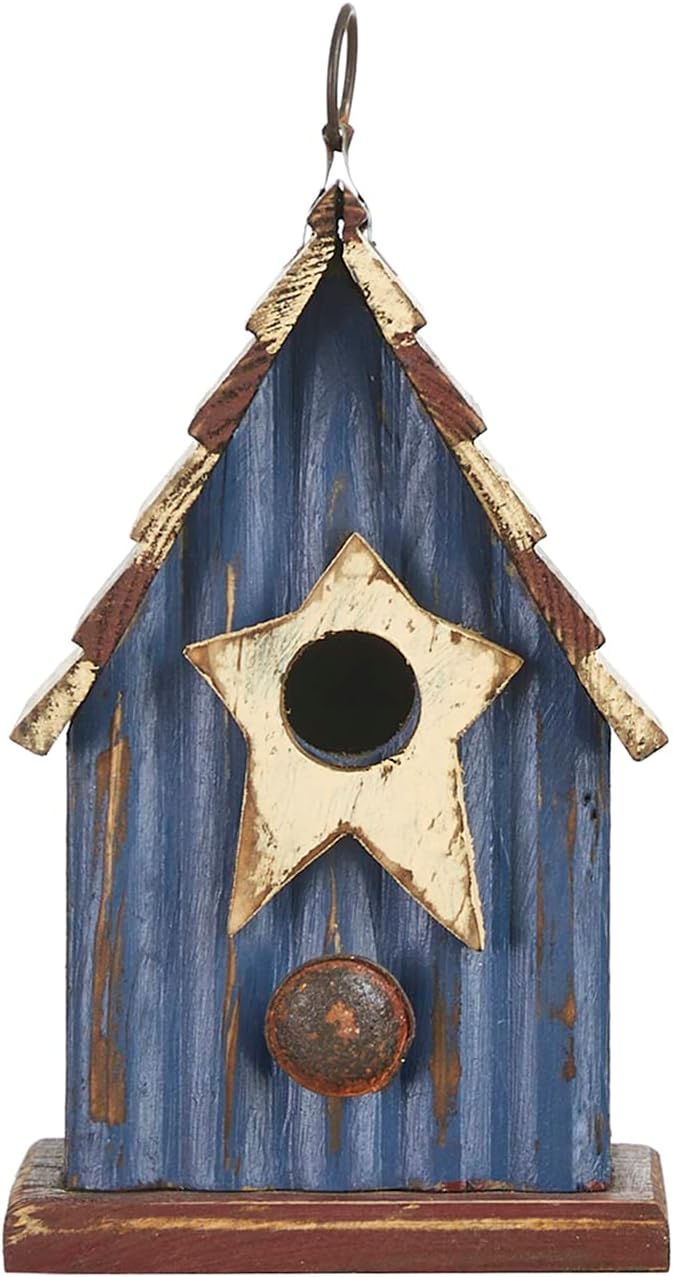 Glitzhome 9" H Patriotic Wooden Bird House, Hanging Birdhouses for Outdoors, Distressed Solid Wood Cottage Design with 3D Star, Garden Birdhouse for Bluebird Hummingbird Wren Finch Cardinals Cedar