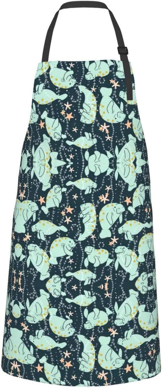 Manatee Animals Calf print Waterproof apron with pocket adjustable cooking apron for adult kitchen bibs to bake