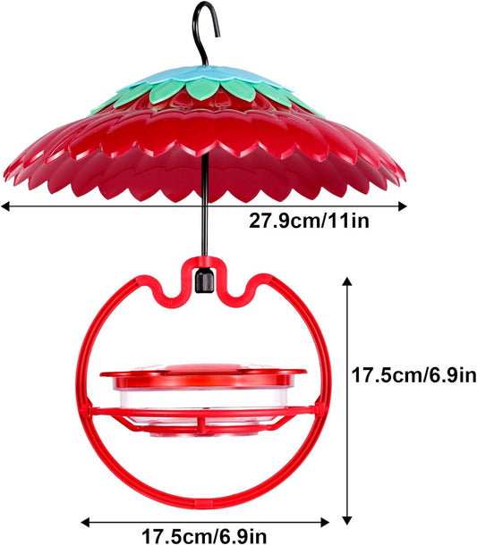 Shirem Hummingbird Feeder Sweety Hanging High View with Rain Cover for Outdoors 9.5 OZ with 4 Bee Guard Feedering Ports, 11" Dome Weather Ant Proof by Beserie,Red